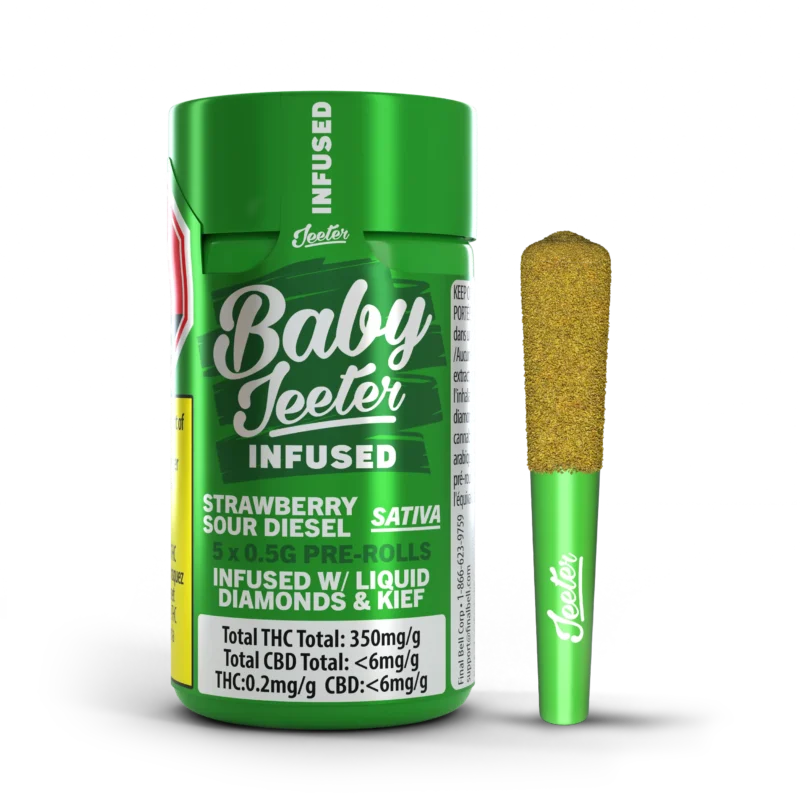 Baby Jeeter Infused Strawberry Sour Diesel Pre-Rolls 5 Pack <br>Sativa <br>38.1%