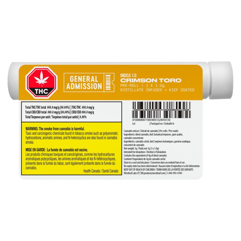 Crimson Toro Distillate Infused Pre-Roll - Single <br>Indica <br>38.6% | 1.92% Terps