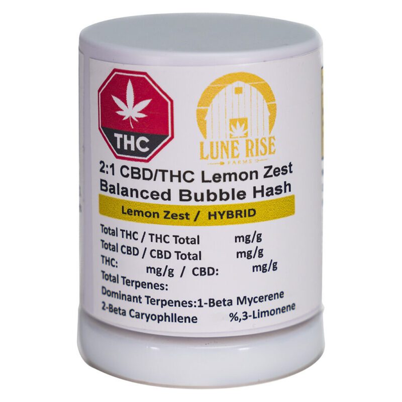 2:1 CBD:THC Lemon Zest Balanced Bubble Hash 3g <br>CBD <br>THC 18.5% | CBD 26.7% <br>4.4% Terps