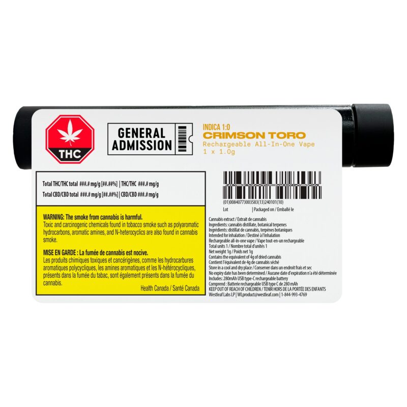 Crimson Toro All-In-One Reachargeable Vape 1g <br>Indica <br>93% - Image 3