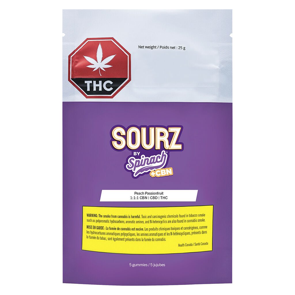 SOURZ Peach Passionfruit 1:1:1 CBN CBD THC Gummies 5 Pack <br>CBN <br>THC 2mg | CBD 2mg | CBN 2mg - Image 2