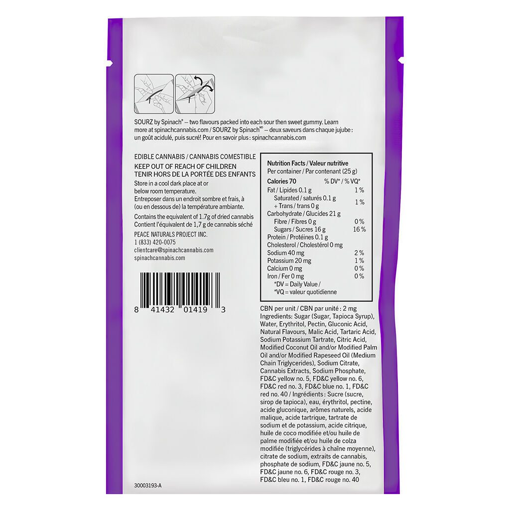 SOURZ Peach Passionfruit 1:1:1 CBN CBD THC Gummies 5 Pack <br>CBN <br>THC 2mg | CBD 2mg | CBN 2mg - Image 3