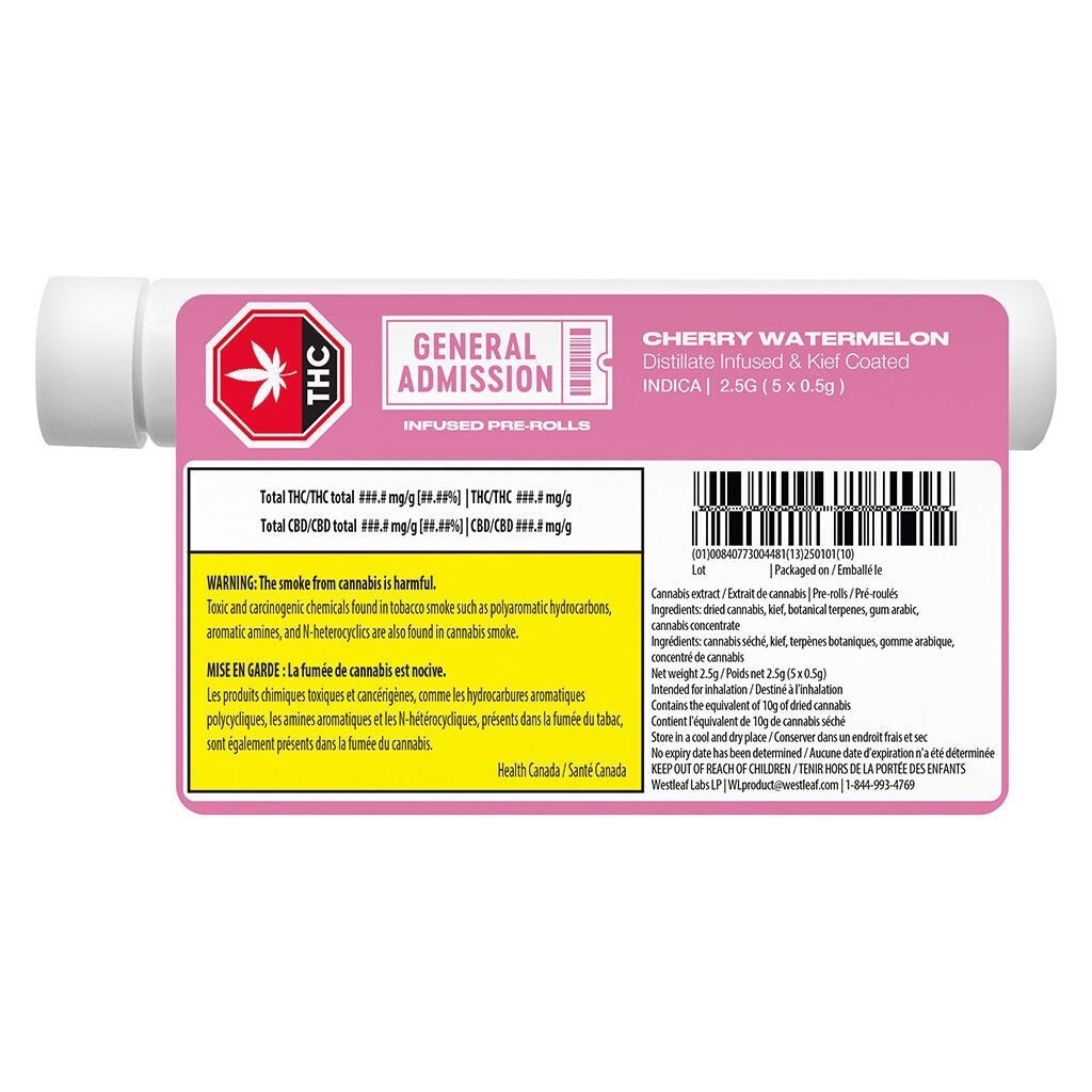 Cherry Watermelon Distillate Infused Pre-Rolls 5 Pack by General Admission