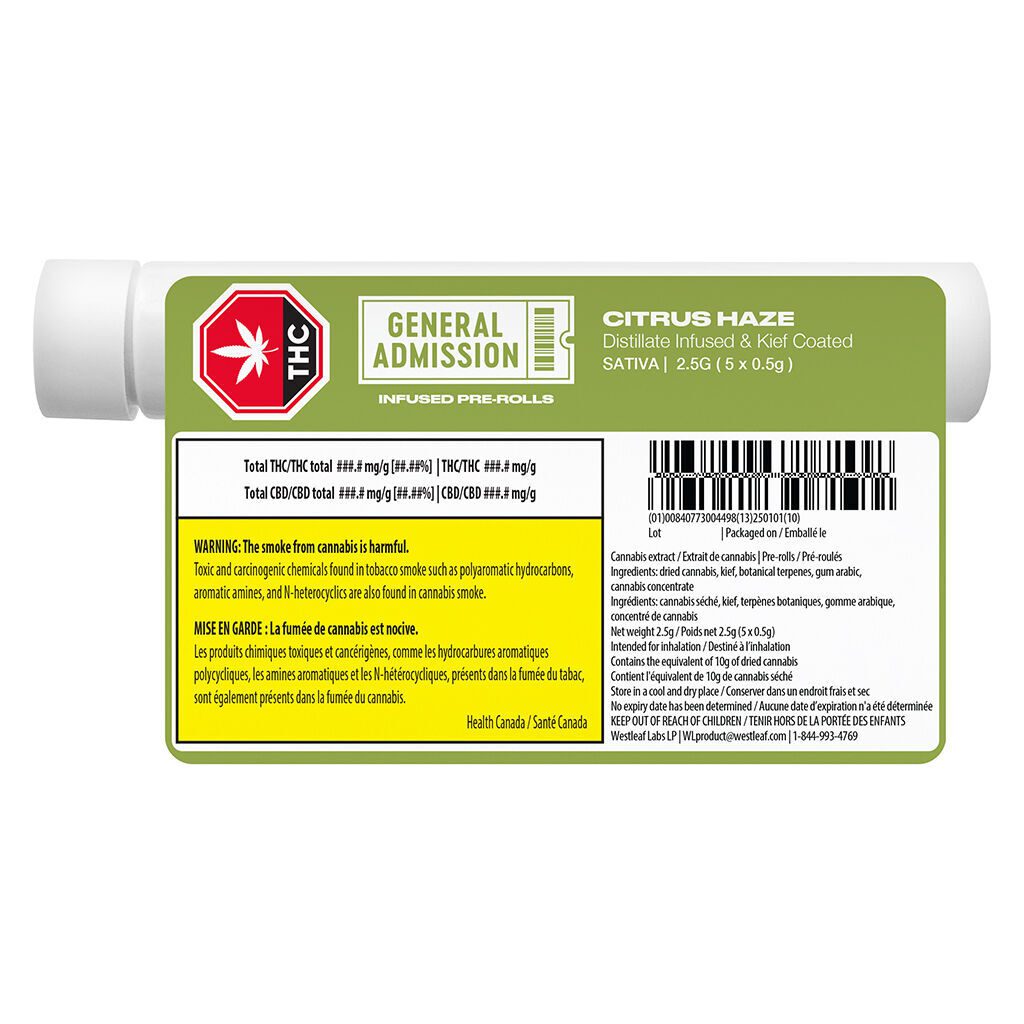 Citrus Haze Distillate Infused Pre-Rolls 5 Pack by General Admission