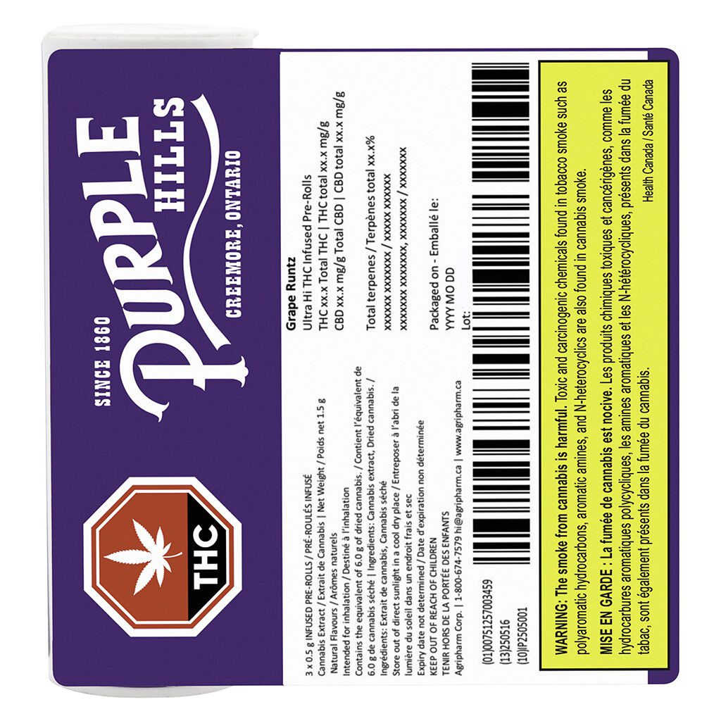 Grape Runtz Ultra Hi THC Infused Pre-Rolls 3 Pack by Purple Hills