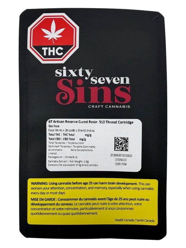 67 Artisan Reserve Cured Resin 510 Thread Cartridge 1g by Sixty Seven Sins - Montrose Cannabis