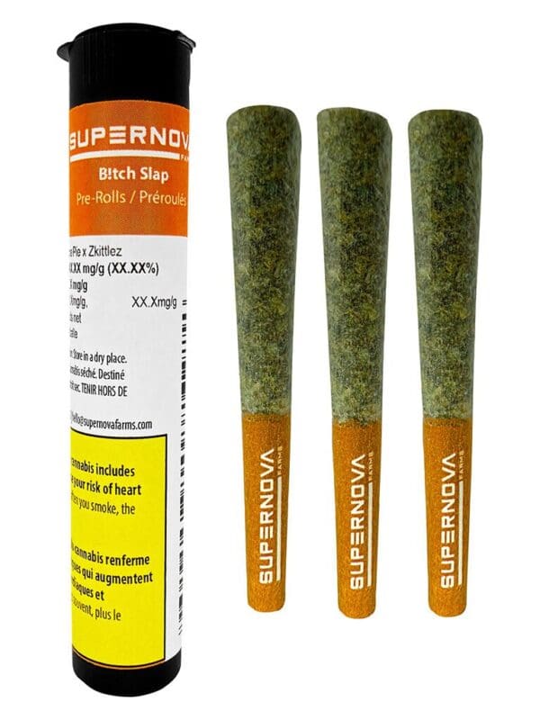 B!tch Slap Pre-Rolls 3-pack by Supernova Farms, featuring hand-trimmed premium cannabis available for local delivery from Montrose Cannabis Ontario.