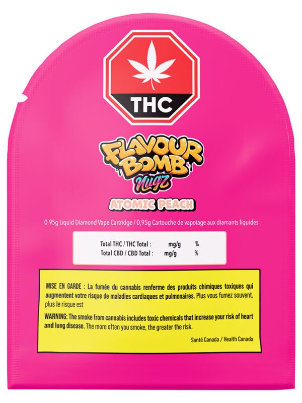 Flavour Bomb Atomic Peach Liquid Diamond 510 0.95g high-potency hybrid vape cartridge by Nugz, available for local delivery from Montrose Cannabis.