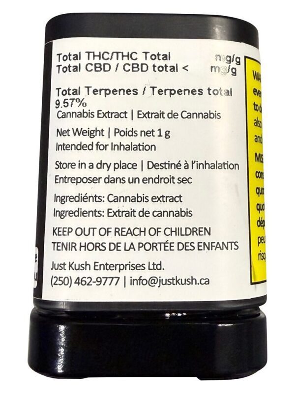 Just Kush Live Rosin Reserve 1g jar showing high-quality, cold-cured solventless concentrate.