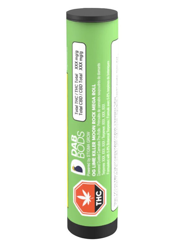 OG Lime Killer Moon Rock Mega Infused Pre-Roll 1.5g by Dab Bods, coated in kief and diamonds, available for delivery from Montrose Cannabis Ontario.