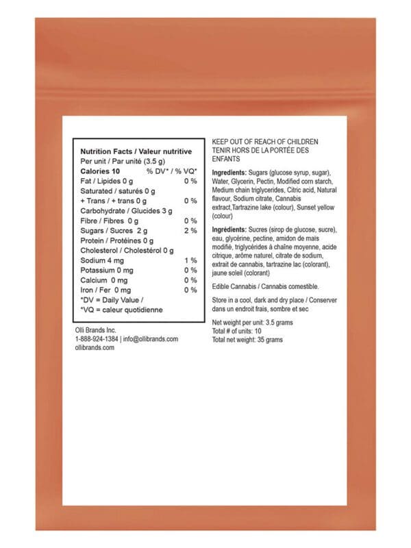 100 THC Multipack Sour Peach 10-pack soft chews by Olli O's, available for local delivery from Montrose Cannabis.