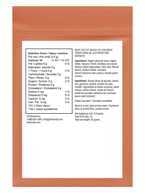 100 THC Multipack Sour Peach 10-pack soft chews by Olli O's, available for local delivery from Montrose Cannabis.