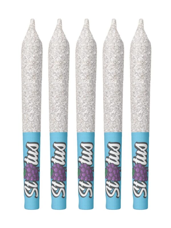 Status Grape Blast Pre-Rolls Infused Liquid Diamond Kief Coated 5 Pack package showing five sparkling pre-rolls.