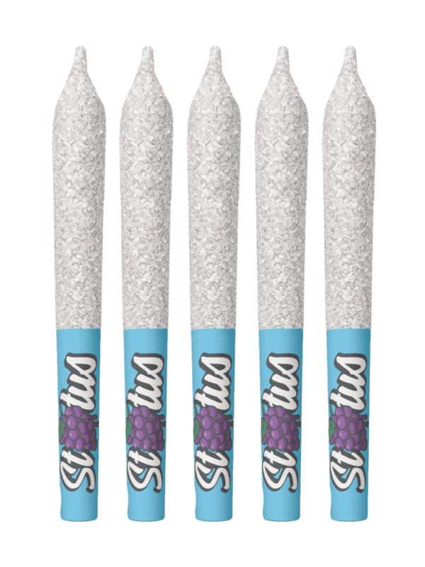 Status Grape Blast Pre-Rolls Infused Liquid Diamond Kief Coated 5 Pack package showing five sparkling pre-rolls.