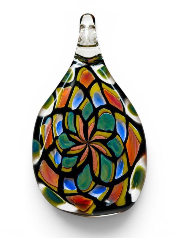 Teardrop Mandala Glass Pendant with orange, teal, blue, green, yellow, and black mandala-style colourwork.