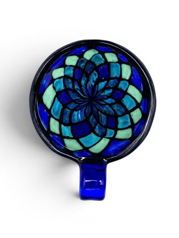 Cobalt Mandala Glass Pendant handcrafted glass pendant with blue, teal, mint, and violet mandala-inspired design.