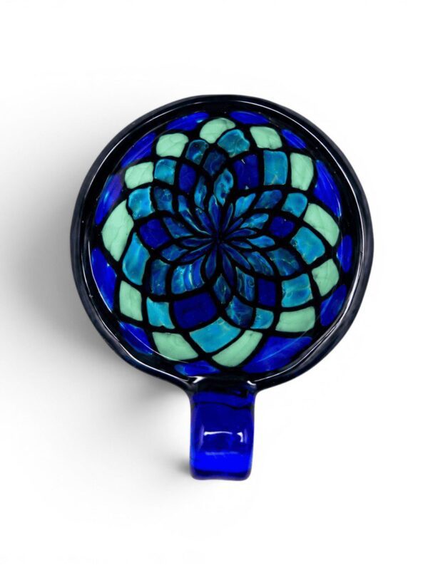 Cobalt Mandala Glass Pendant handcrafted glass pendant with blue, teal, mint, and violet mandala-inspired design.