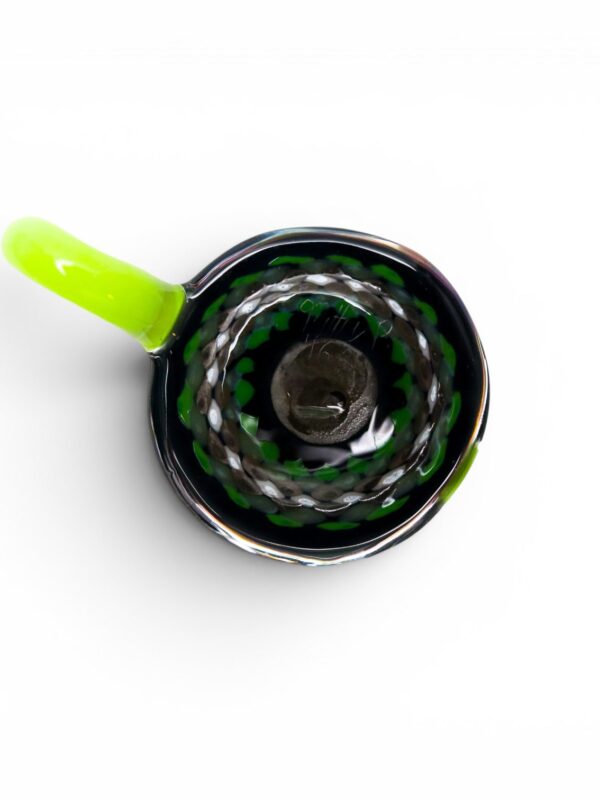 Slyme Mandala Glass Pendant handcrafted glass pendant with black, white, green, and neon slyme mandala design.