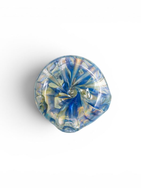 Aqua Bloom Hollow Pendant handcrafted hollow glass pendant with blue, cream, and gold floral swirl design.