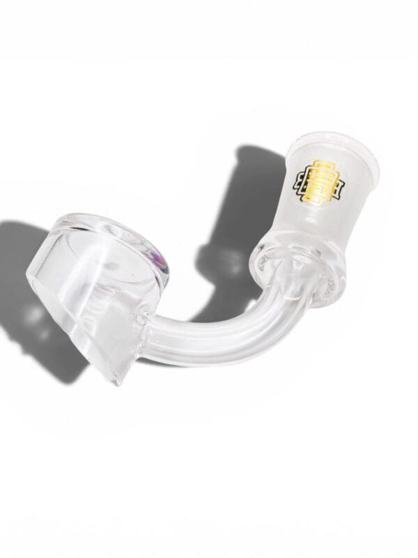 Angled view of the Quave Club Bangers XXL showing clear quartz bucket, curved neck, and frosted joint.