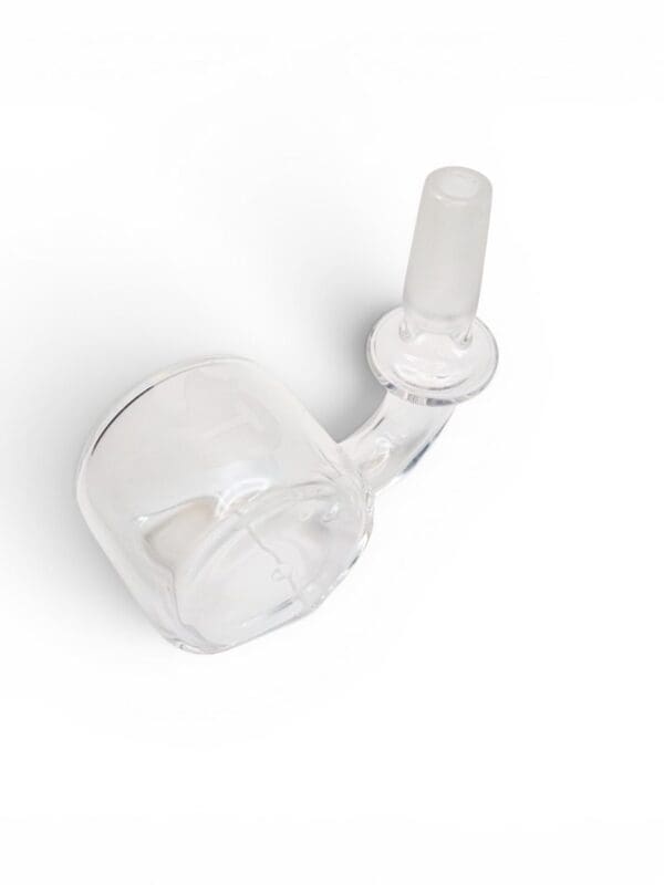 Quartz Trough Banger with clear quartz body, curved neck, frosted joint, and round trough-style dish.