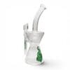 Angled side view of Medicali Turbine Hourglass Dab Rig with clear glass body, green flame logo, and curved mouthpiece.