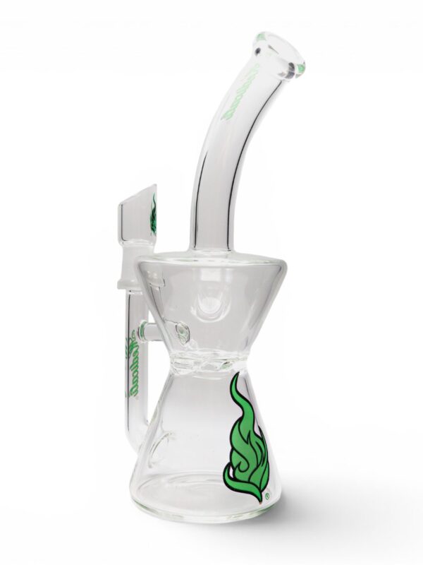 Angled side view of Medicali Turbine Hourglass Dab Rig with clear glass body, green flame logo, and curved mouthpiece.