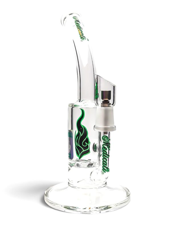 Medicali Honeycomb Dish Dab Rig with clear glass chamber, curved mouthpiece, green flame logo, and dish attachment.