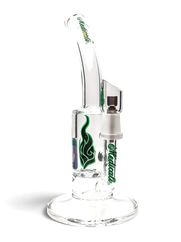 Medicali Honeycomb Dish Dab Rig with clear glass chamber, curved mouthpiece, green flame logo, and dish attachment.