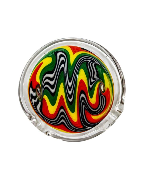 Rasta Wig Wag Glass Pendant with red, yellow, green, black, and white linework encased in clear glass.