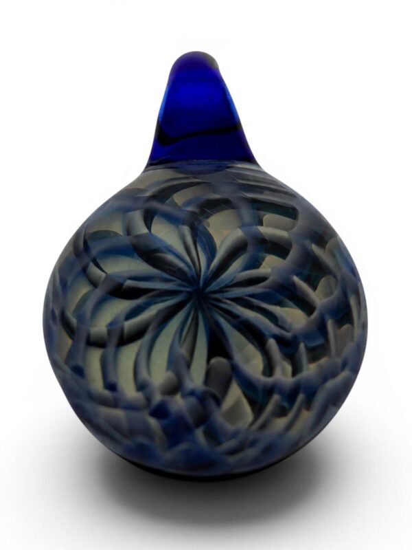 Blue Ornamental Smudge Cap Pendant with cobalt blue loop, smoky glass body, and raised mandala-style design.