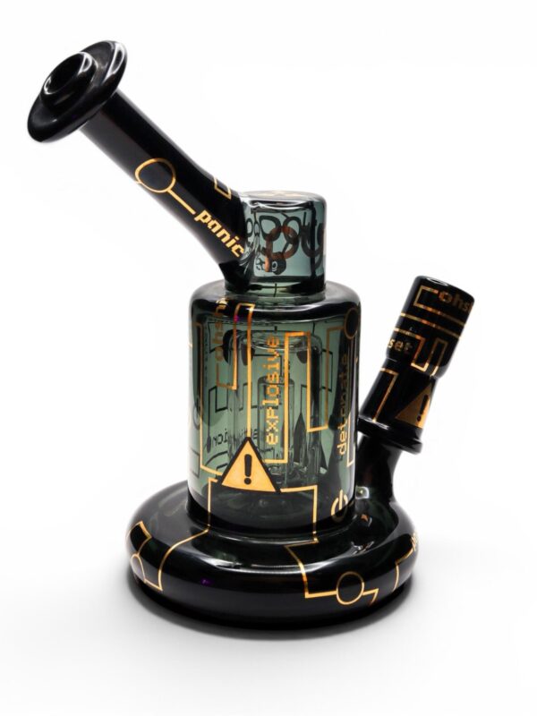 JAG x Pyrology Collab Riglet Right Side View | handcrafted borosilicate glass dab rig with gold industrial graphics