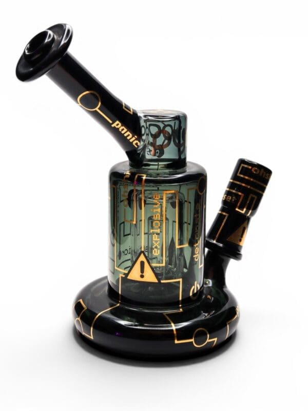 JAG x Pyrology Collab Riglet Right Side View | handcrafted borosilicate glass dab rig with gold industrial graphics