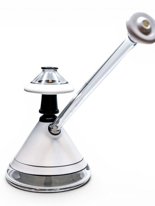 JAG Art Deco Pro Cane borosilicate glass dab rig featuring an opaque white cone base, black accents, and long clear mouthpiece.