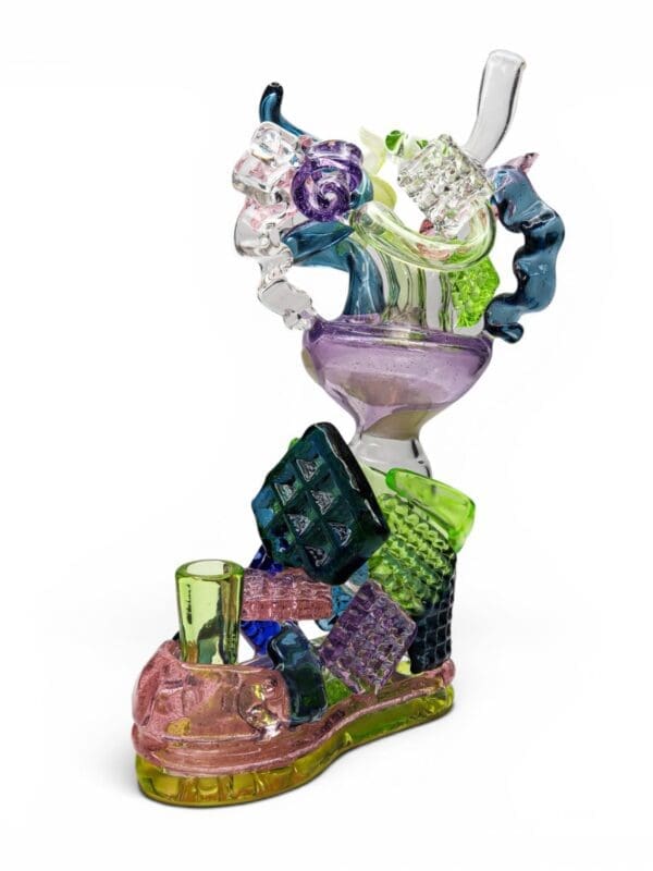 Party Shoe Dab Rig by Hoobs x Preston Hanna showing the rear angle with sculptural coloured borosilicate glass details.