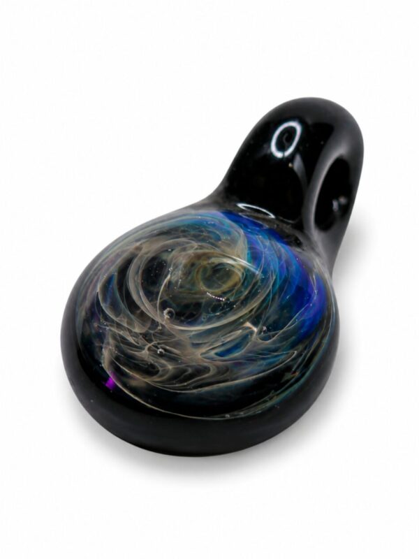 Angled view of Black Nebula Smudge Glass Pendant with black glass loop and blue galaxy-style swirl detail.