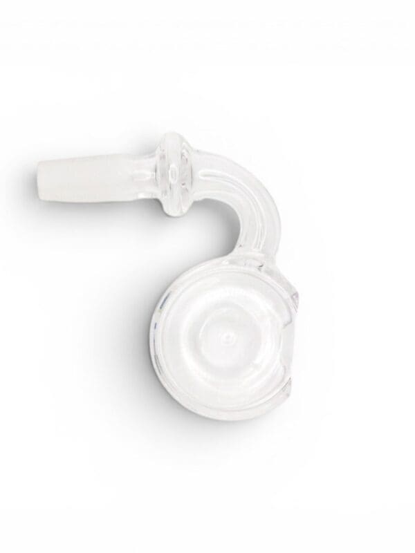 Quartz Trough Banger with clear quartz body, curved neck, frosted joint, and round trough-style dish.