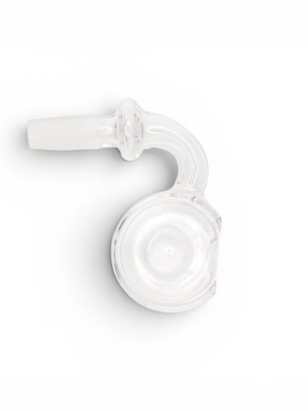 Quartz Trough Banger with clear quartz body, curved neck, frosted joint, and round trough-style dish.