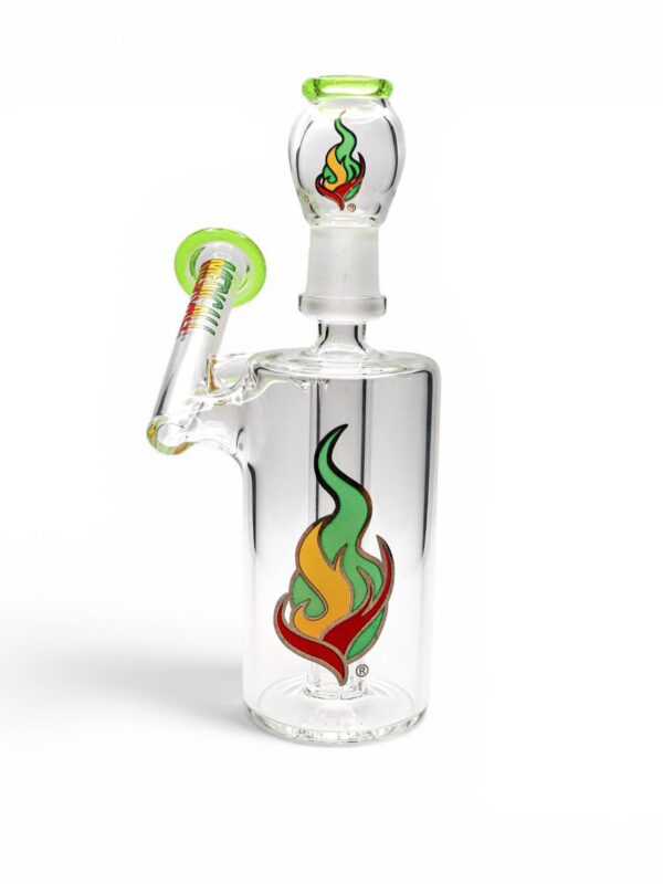 Medicali Spin Doctor Dab Rig with clear chamber, green accents, angled mouthpiece, quartz banger attachment, and flame logo.