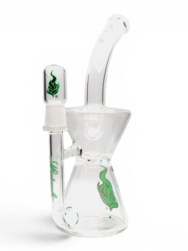 Medicali Turbine Hourglass Dab Rig with clear glass hourglass chamber, curved mouthpiece, green logo accents, and flame logo.