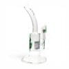 Angled front view of Medicali Honeycomb Dish Dab Rig with green flame logo, clear glass body, and curved mouthpiece.