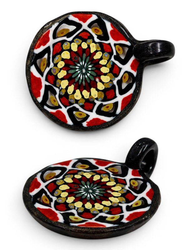 Black Opal Mandala Glass Pendant shown from top and side angles with layered mosaic-style colourwork.