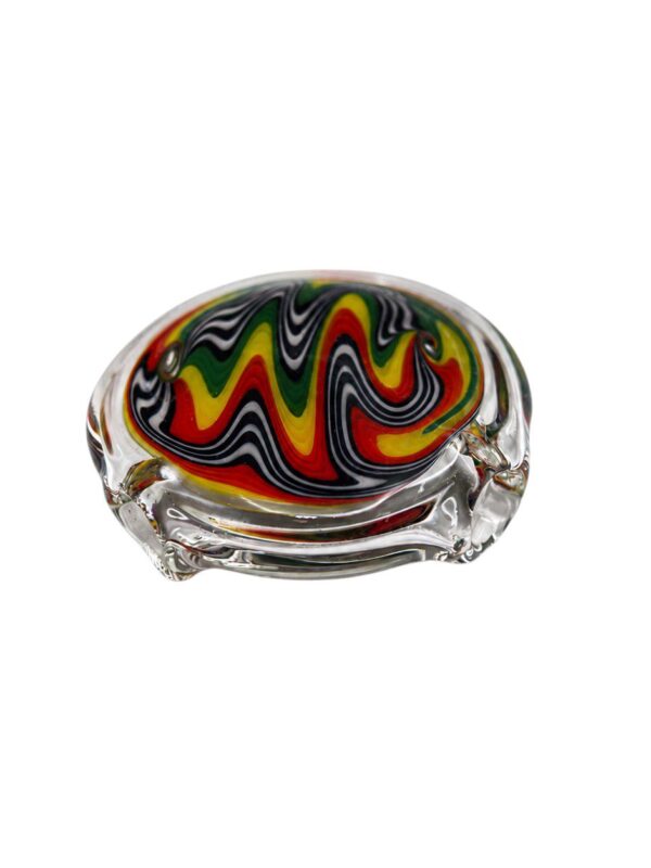 Low angle view of Rasta Wig Wag Glass Pendant with clear glass body and colourful layered linework design.