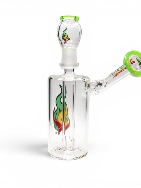Side view of Medicali Spin Doctor Dab Rig with angled mouthpiece, clear glass body, green rim accent, and concentrate attachment.
