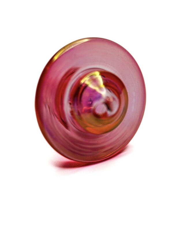 Opalescent pink iridescent carb cap made from glass for use with compatible quartz bangers.