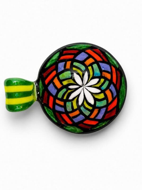 Filla Rainbow Mandala Glass Pendant handcrafted glass pendant with vibrant red, orange, yellow, green, purple, and white mandala design.