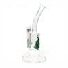Rear view of Medicali Honeycomb Dish Dab Rig with clear glass body, curved neck, green logo, and concentrate attachment.