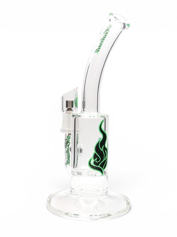 Rear view of Medicali Honeycomb Dish Dab Rig with clear glass body, curved neck, green logo, and concentrate attachment.
