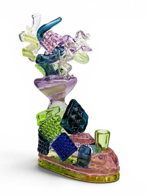 Party Shoe Dab Rig by Hoobs x Preston Hanna featuring a handcrafted borosilicate glass sneaker sculpture with colourful geometric accents.