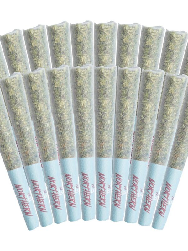 Northern Canna The Collective 20 Pack Pre-Rolls showing 20 half-gram joints with color-coded filter tips in a bulk pack.